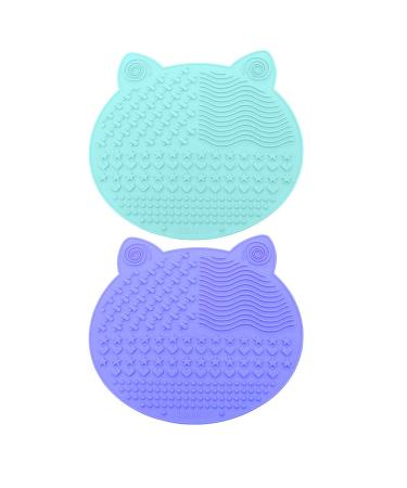 2-Pack Makeup Brush Cleaning Mat Cute Cat Ear Animal Design Silicone Portable Brush Cleaner Pad Washing Tools with Suction Cups US Patent Registered (Purple+Green)