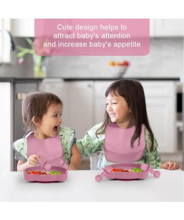 Vicloon Baby Weaning Set - 4 Pcs Silicone Feeding Set | BPA Free Suction Plate, Bib, Spoon & Fork | Toddlers & Kids Plates | Pink Bear Design - Buy Online on SooperMarket.com