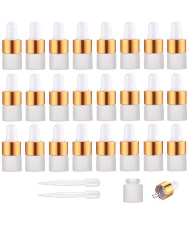 Yalbdopo 24Pcs 1Ml Frosted Glass Sample Dropper Bottles Empty Mini Bottles with Dropper Pipettes Golden Aluminum Alloy Cap Refillable Sample Container for Essential Oils Perfume Cosmetic Liquid Frosted Glass Golden Cap