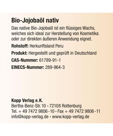 Kopp Vital Bio-Jojoba l 250ml | Vegan & 100% Organic | Moisture Regulating Plant Oil for Skin Care | Non-GMO - Buy Online on SooperMarket.com