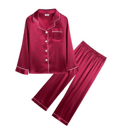 SWOMOG Unisex Kids Silk Pyjama Set Girls Boys Satin Pyjamas Long Sleeve Button Down PJs Soft & Silky Sleepwear for Children Baby Teenage 6-7 Years Red