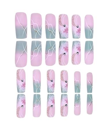 1 Set Acrylic Press On Nails Square Fake Nails with Glue Reusable Cute Press On Nails Gradient Flower Fake Nails with Designs Full Cover Medium Coffin Press On Nails for Women Girls Cute Press on NAI