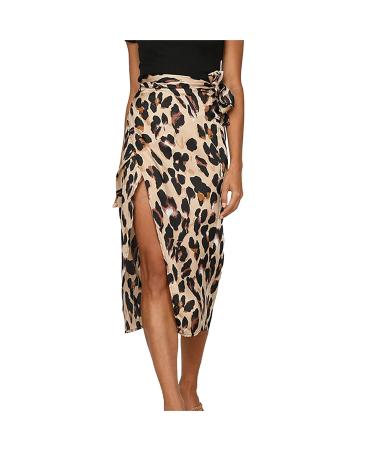 Sanahy Women's Boho Leopard Skirt High Low Split Summer Beach Midi Wrap Skirts Elastic High Waisted Flowy Cover Up with Slit M Brown