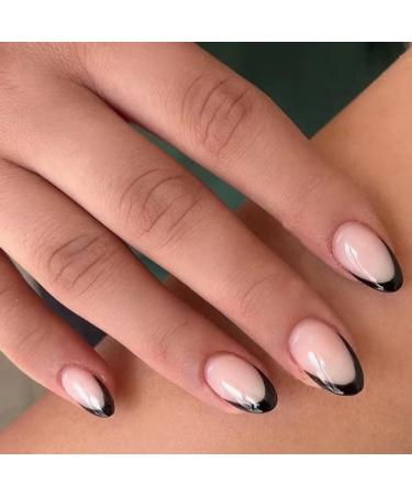 RUNRAYAY French Tips Press on Nails Short Almond Fake Nails Glossy Stick on Nails Balck False Nails Glue on Nails Nude Acrylic Nails for Women 24Pcs GG