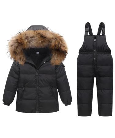 Kids Winter Puffer Jacket and Snow Bib Pants Ski Suits 2-Piece Snowsuit Hooded Down Coat and Snow Pants Outfits Set 18-24 Months Black