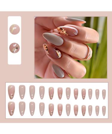 Justotry 24 Pcs Floral Stiletto False Nails - Medium Grey French Press on Nails with Trendy Gold Swirl Pattern | Short Almond Fake Nails for Women with Nail Glue - Nail Art Flower & Grey - Buy Online on SooperMarket.com