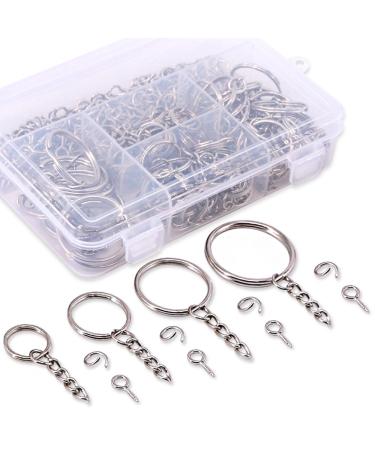 Swpeet 300Pcs Key Chain Rings Kit  100Pcs Keychain Rings with Chain and 100Pcs Jump Ring with 100Pcs Screw Eye Pins Bulk for Jewelry Findings Making - 3/5 Inch  4/5 Inch  1 Inch  6/5 Inch (Sliver)