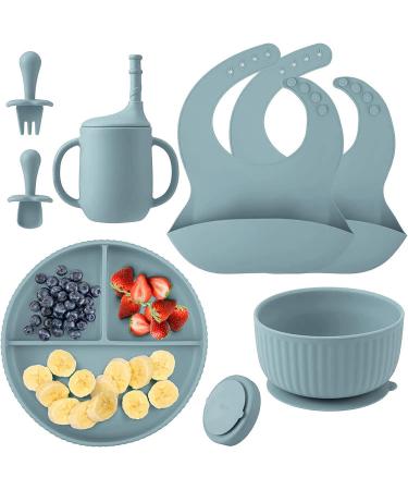Baby Feeding Set Baby Led Weaning Supplies Silicone Bib Suction Divided c Bowl Spoon Fork Toddler Utensils - 6 Moths (Light Blue)