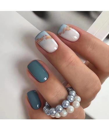 RTKHFZE Blue Press on Nails Short Square Fake Nails Glossy Glue on Nails Full Cover White False Nails with Glitter Designs Short Acrylic Stick on Nails for Women and Girls  24PCS style4