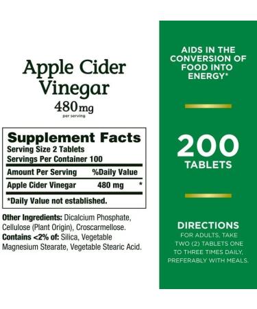 Nature's Bounty Apple Cider Vinegar 480mg Supplement - 200 Tablets - Buy Online on SooperMarket.com
