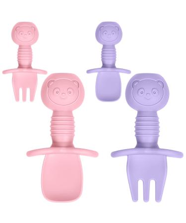 Vicloon Baby Fork and Spoon Set 4Pcs Infant Silicone Self Feeding Utensil Easy Grip Toddler Cutlery Kit Baby Weaning and Feeding Spoons for Infant Children First Led Training Weaning(Purple-Pink)