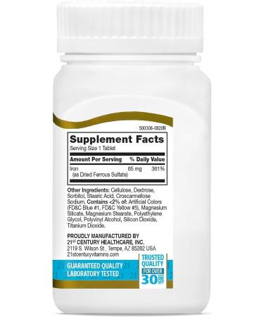 Iron 65 mg Ferrous Sulfate 325 mg Tablets 120 Count Compatible with 21st Century Mineral Supplement Gluten Free Non-GMO + Bonus Pill Organizer Weekly Pill Organizer Mini - Buy Online on SooperMarket.com