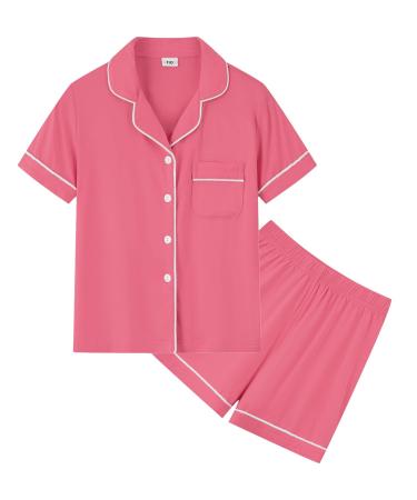 SWOMOG Unisex Girls Boys Modal Pyjamas Set Button-Down PJs Short Sleeve Sleepwear Two-Piece Lounge Sets 4-5 Years Coral