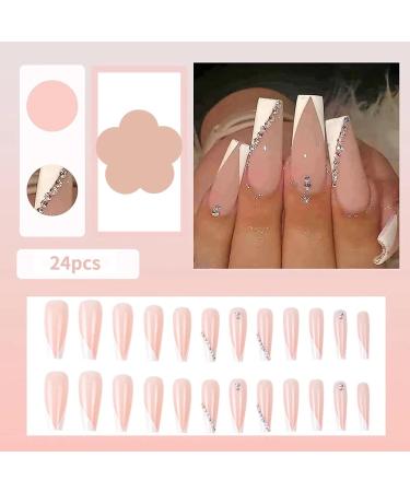 RUNRAYAY Pink & White French Rhinestone Fake Nails Long Press on Nails Art Kit for Women & Girls - Buy Online on SooperMarket.com