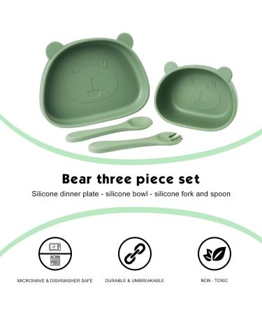 Qshare Suction Baby Plate and Bowl Set | Fork Spoon | Silicone Feeding Supplies for Toddler Self-Feeding | BPA-Free | Bears-Green - Buy Online on SooperMarket.com