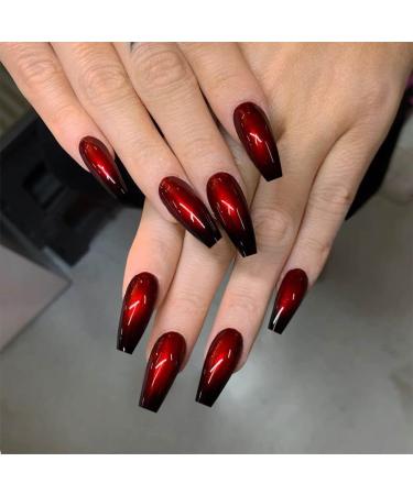 Brishow coffin artificial nails halloween nails to stick on long black red press on nails ballerina acrylic false nails 24PCs for women and girls