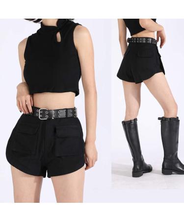 XZQTIVE Double Grommet PU Leather Belt | Wide 1.5 Inch | 01 Black | Fits 22-35inch Pants | Unisex Punk Metal Jean Belt - Buy Online on SooperMarket.com