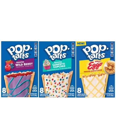 Pop Tarts Frosted Toaster Pastries, Wild Berry, Confetti Cupcake, and Eggo Frosted Maple, 13.5 Ounce (Pack of 3) - with Two Make Your Day Lollipops