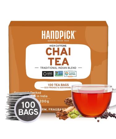 HANDPICK Masala Chai Tea Bags (100 Count) Strong Robust & Aromatic - Cinnamon Black Pepper Cloves & Cardamom - Premium Quality Eco-conscious Round Bags Masala Chai Tea 100 Count (Pack of 1)