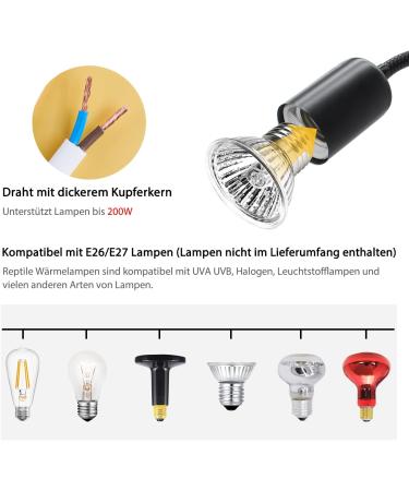 2-Piece Turtle Heat Lamp for Reptiles - UV Heat Spot Lamp with Clip & 240cm Cable - E27 Reptile Heating Lamp for Aquariums Snakes & Chameleons (No Bulb) - Ideal for Turtle Terrariums - Buy Online on SooperMarket.com
