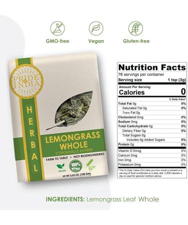 Pride Of India - Natural Dry Indian Lemongrass Herb 3.53oz (100gm) Full Leaf - Certified and Authentic Indian Herb - Perfect for Cooking Soups Salads Marinades 50+ Servings - Buy Online on SooperMarket.com