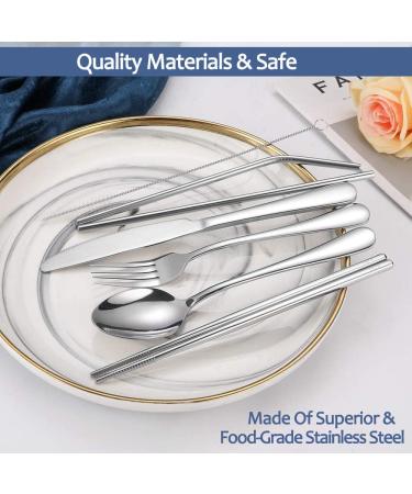 Travel Reusable Utensils Set - Stainless Steel Cutlery with Case, Chopsticks, Straw - Portable Flatware for Camping, 8 Piece Set - Silver - Buy Online on SooperMarket.com