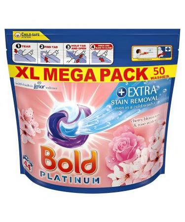 Bold Platinum Pods Laundry Detergent Washing Liquid Pods/Capsules 50 Washes - Cherry Blossom & Rose Water - Extra Stain Removal Even In a Cold Wash Cherry Blossom 50 count (Pack of 1)