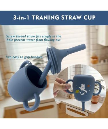 Soft Silicone Baby Feeding Set with Adjustable Bib, Suction Bowl, Plate, Straw Cup, and Utensils - Baby Led Weaning Supplies with Cute Patterns | Space & Dinosaur Design - Buy Online on SooperMarket.com