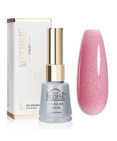 MIZHSE Pink Gel Nail Polish Shimmery Rose Jelly Color Natural Gel Polish Glitter Sparkle Pink Nail Gel 12ML Soak off UV LED for Home Salon DIY BV006