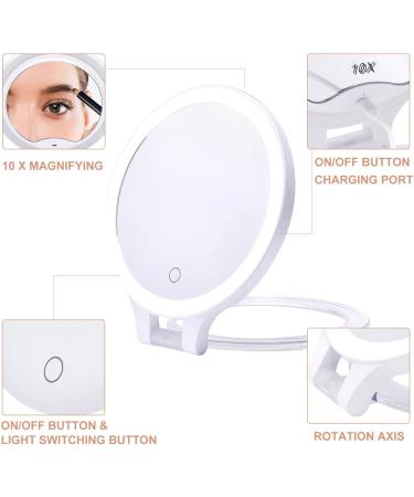 Foldable Double Sided Tabletop Mirror - Rechargeable Lighted Magnifying 10X and 1X Mirror with 3 Colors Light - Adjustable Foldable Handle for Makeup/Travel - 07x08inches - Buy Online on SooperMarket.com
