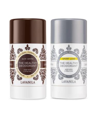 Lavanila Aluminum Free Deodorant Sport Luxe + Pure Vanilla 2oz Each - The Healthy Deodorant for Men & Women - Solid Stick Vegan Sport Lux + Pure Vanilla - 2 Pack