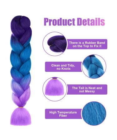 Aomig Ombre Braids Extensions - 24 Strands Artificial Hair for Box Braids | Purple Light Violet Sea Blue - Ideal for Braiding - Buy Online on SooperMarket.com