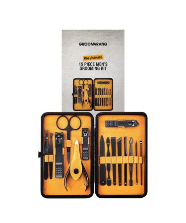Groomarang 15pc Mens Manicure Kit - Stainless Steel Corrosion Resistant Nail Clipper Grooming Set