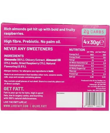 Fatt Keto Nut Bars - Raspberry & Almond 4 Pack | Low-Carb Gluten Free Clean Keto Snack Bars | High-Fibre Super Fats | Vegan & Sweetener-Free - Buy Online on SooperMarket.com