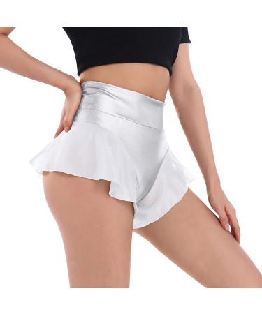 Women's Shiny Ruffle Dance Booty Shorts - High Waist Metallic Mini Hot Pants for Stage, Pole Dance, Yoga - Large Silver - Buy Online on SooperMarket.com