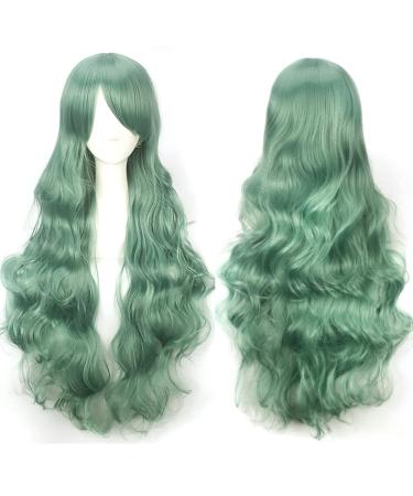 YEESHEDO 32" 80 cm Long Wavy Curly Hair Cosplay Wigs with Bangs for Women Girls Heat Resistant Synthetic Wig for Party Costume Anime Halloween (Mint Green)