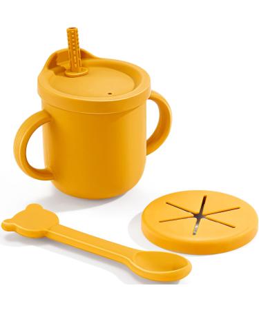 CHENGU Silicone Snack Cup Baby Spill Proof Snack Cup Food Container with Teether Straw and Spoon for Toddler Baby More Than 6 Month  9 Ounce (Yellow)