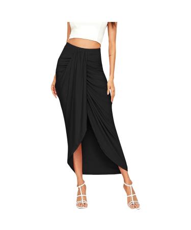 Sanahy Women's Casual Slit Wrap Asymmetrical Elastic High Waist Maxi Draped Skirt Casual Boho Summer Beach Midi Wrap Skirts Black S