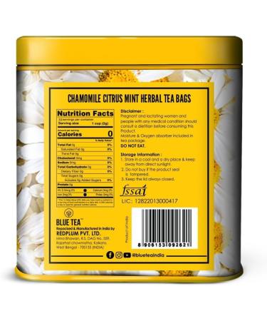 BLUE TEA - Chamomile Citrus Mint Herbal Tea - 30 Tea Bags || CAFFEINE FREE || Vegan - Gluten Free - Non-GMO | Eco-Conscious Tin Packaging - Buy Online on SooperMarket.com