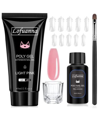 Lofuanna poly nail gel set-60ml pink nail extension gel all-in-one set nail gel kit for nails with slip solution nail form nail brush glass cup nail art design for beginners