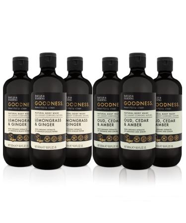 Baylis & Harding Goodness Body Wash Bundle: 3 x 500 ml Lemongrass & Ginger & 3 x 500 ml Oud Cedar & Amber (6 bottles) - Vegan Friendly Body Wash Bundle 1