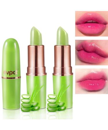 evpct 2Pcs Aloe Vera Lip Color Changing Lipstick Tinted Lip Balm Set Green Magic PH Lipstick Color Change Changing Crystal Flower Jelly Lipstick Gloss Stain Makeup Set for Women Girls Waterproof 2 Count (Pack of 1) 2Pcs ...