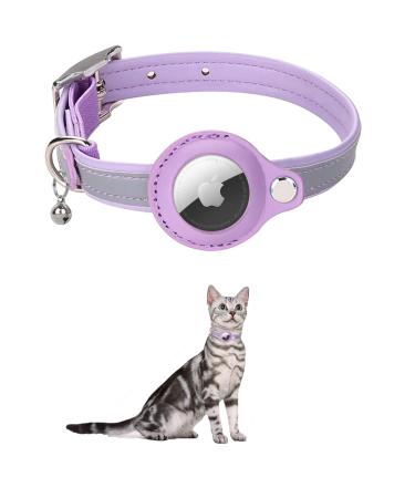 Kocnydey leather reflective Airtag cat collar anti-wing cat collar with adjustable bracket & bell integrates Apple Air day cat necking band for cats small dogs pura s (23-30cm) purple