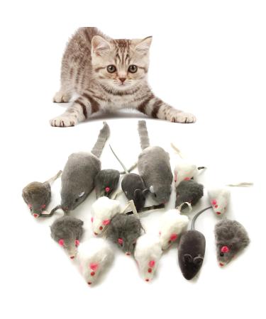QUOZUO Cat Mouse Toys Rattle Furry Cat Mice Pet Toys with Rattles for Pet Cat Kitten 16pcs Black and white