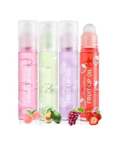 Aaiffey Hydrating Plumping Lip Oil Fruit-Flavored Roll-on Lip Glow Oil Primer Moisturizing Lip Balm Kit Clear Lip Gloss Lip Care 4 Pcs 4pcs