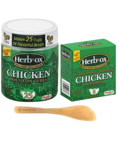 Herb Ox Chicken Bouillon, 25 Cubes and 8 Packets (Pack of 2) - with Make Your Day Mini Bamboo Spatula