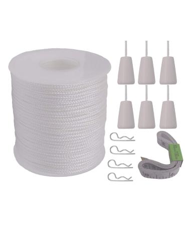 Y-Axis Roll of 60 Yards 2.0mm White Braided Nylon Lift Shade Cord with 6 Pack White Wood Cord Knobs + Soft Tape