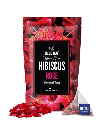 BLUE TEA - Hibiscus Rose Herbal Tea - 60 Tea Bags || CAFFEINE FREE || Hibiscus + Rose | Christmas Tea Gifts | Vegan - Gluten Free - Non-GMO | Eco-Conscious Ziplock Pouch