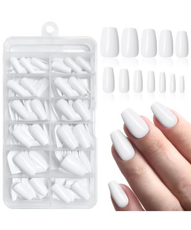 LuckForever 240pc Coffin Press on Nails Medium Fake Nails White Glue on Nails Short Ballerina Coffin Nails Press ons Acrylic Nails False Nails Full Cover Artificial Fingernails with Adhesive Tabs