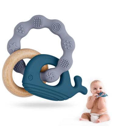 Vicloon Teething Toys for Baby Silicone and Wood Teether Baby Teether Toys Teether Chew Toy Easy to Hold and Clean Up Whale Teething Toy Silicone chewlery for Boys&Girls (Blue)